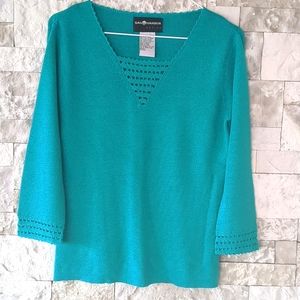 Sag Harbor Vintage Sweater Sz SP Turquoise Crochet Trim Granny Cottage Core